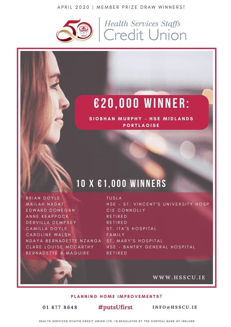 April Prize Draw Winners - Health Services Staffs Credit Union 2020 – HSSCU